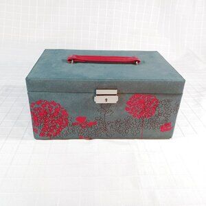 Wolf Designs Teal & Coral Suede Jewelry Box with Brown Satin Lining, Travel Case